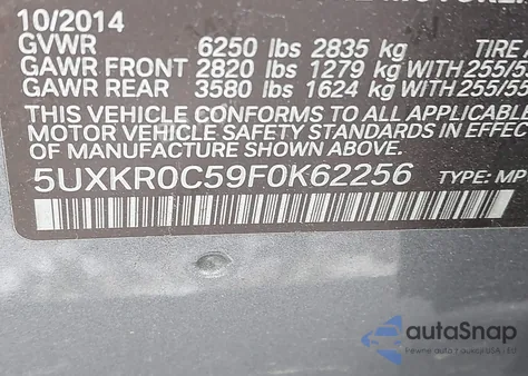 2015 BMW X5 xDrive35I из США, поврежденный, VIN 5UXKR0C59F0K62256